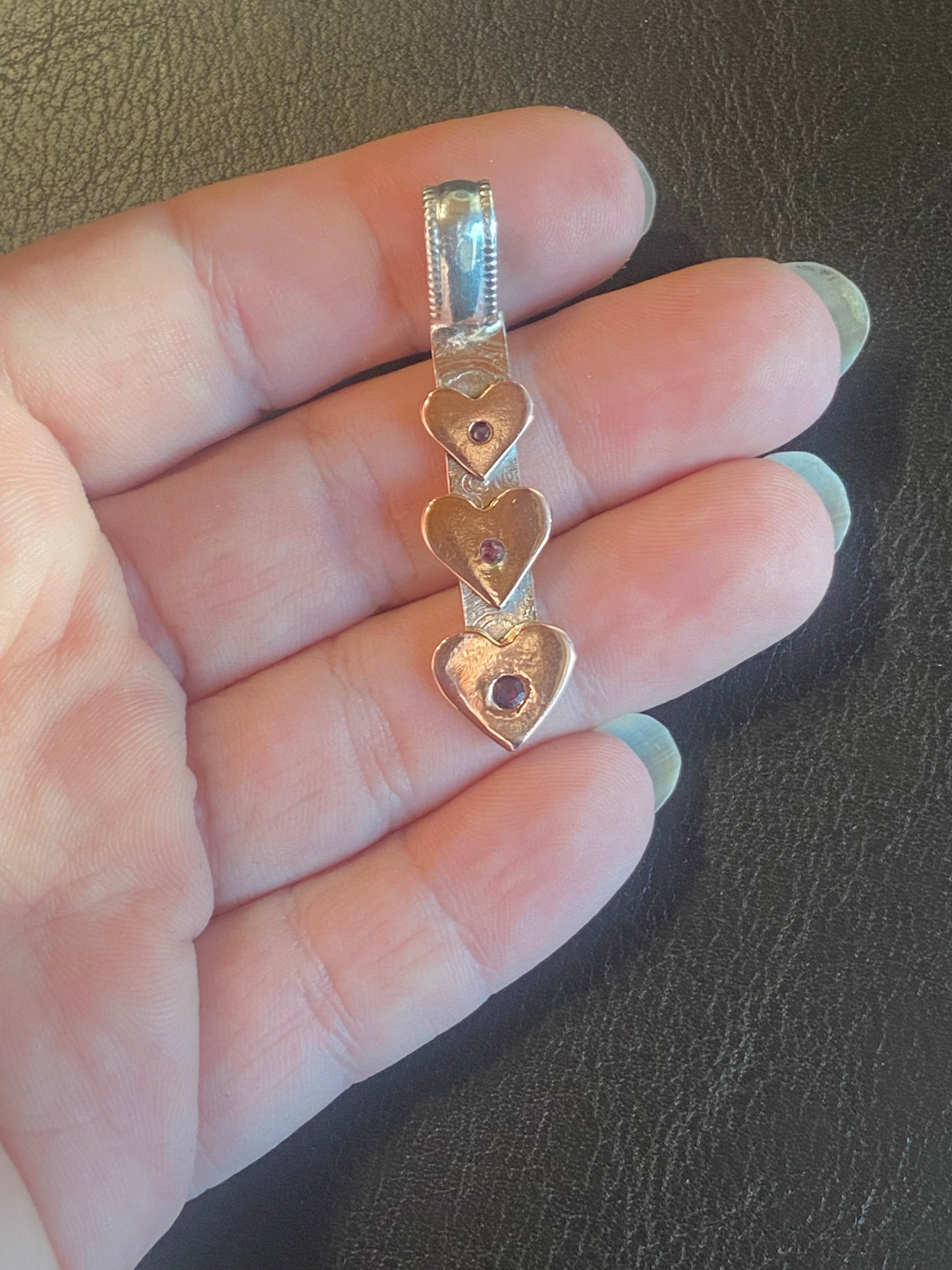 Ruby hearts copper and silver Mokume-Gane pendant