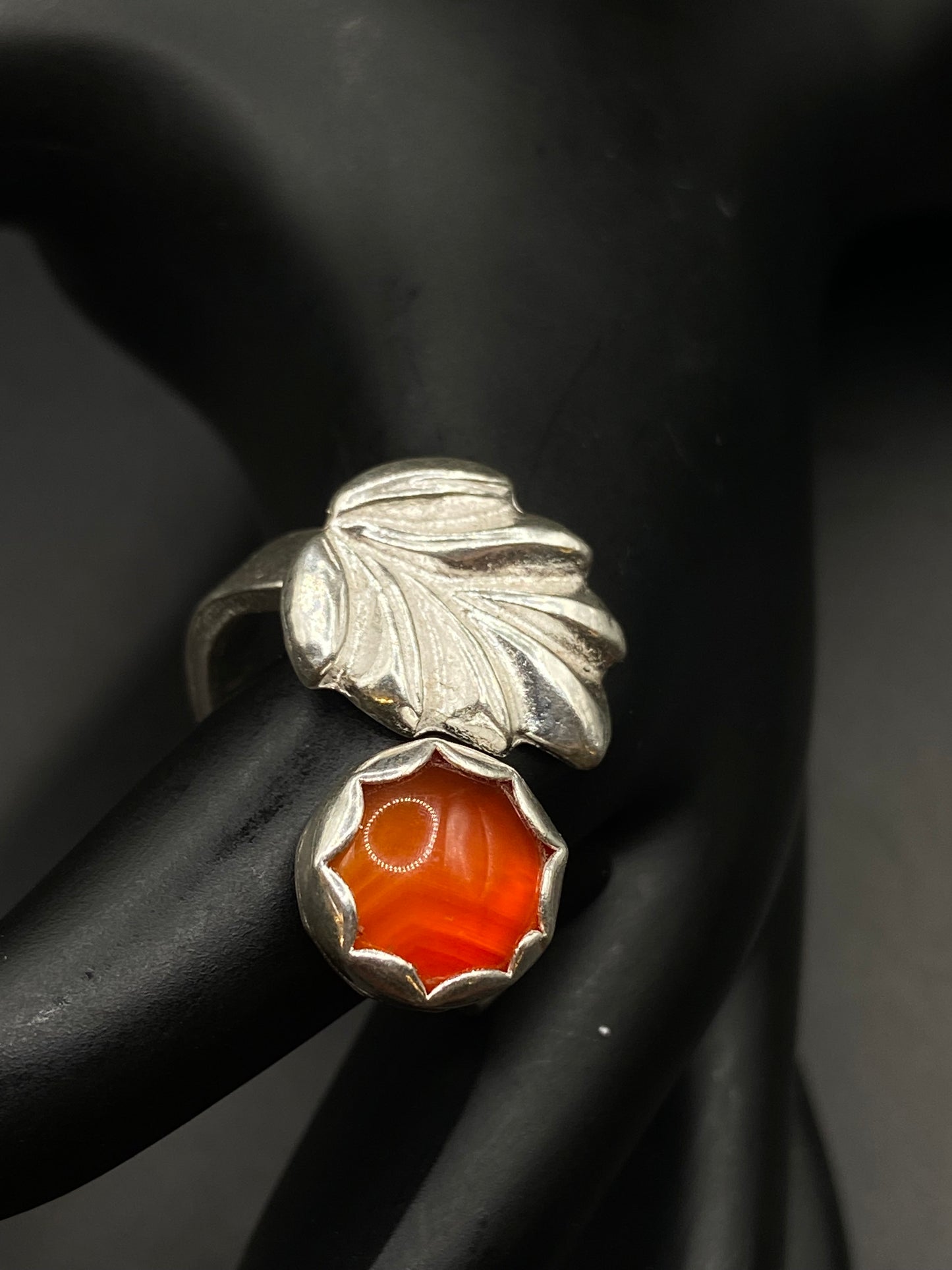 carnelian and leaf silver ring