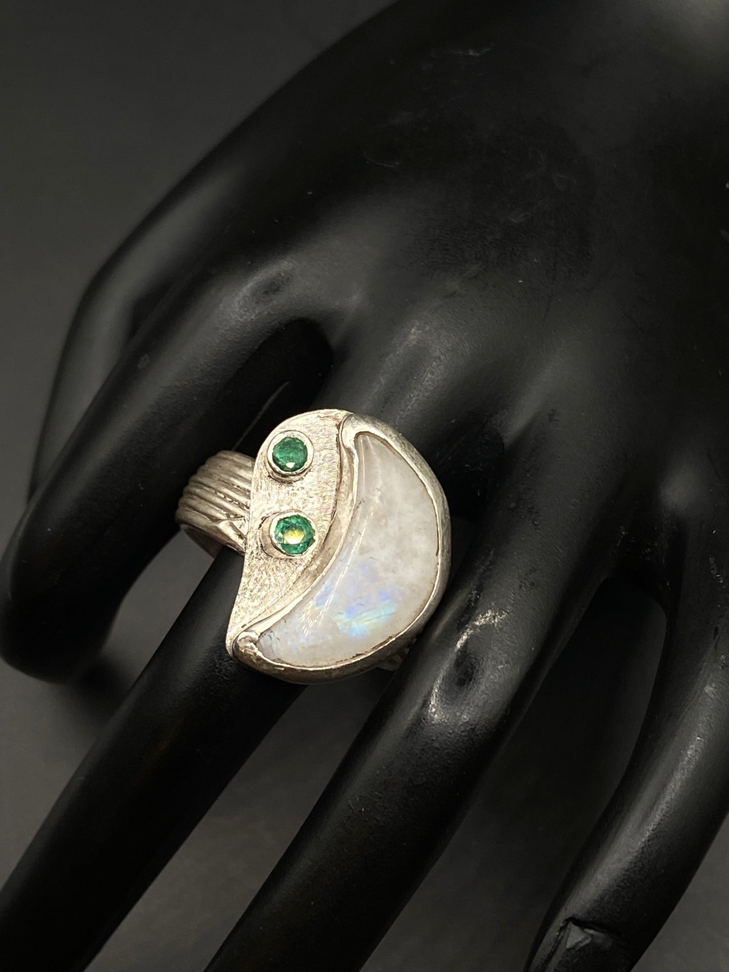 Moonstone and emerald silver ring