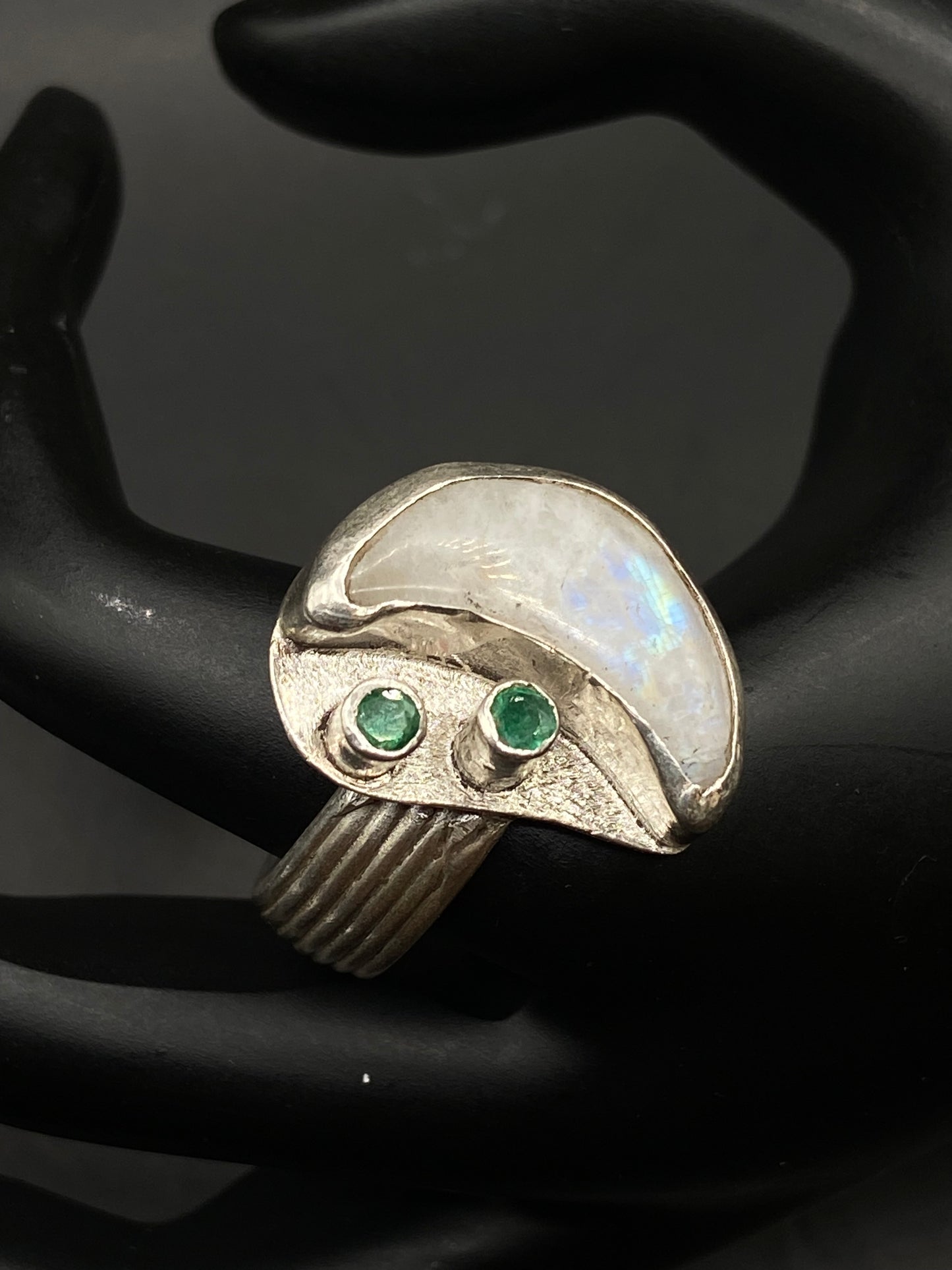 Moonstone and emerald silver ring