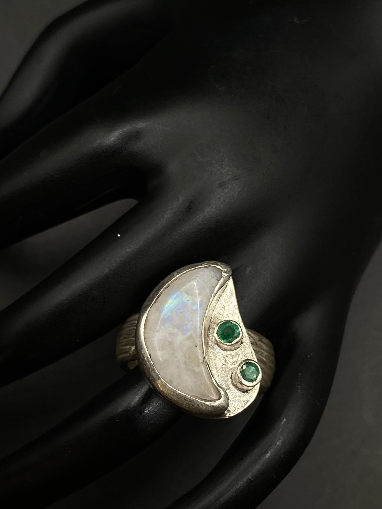 Moonstone and emerald silver ring