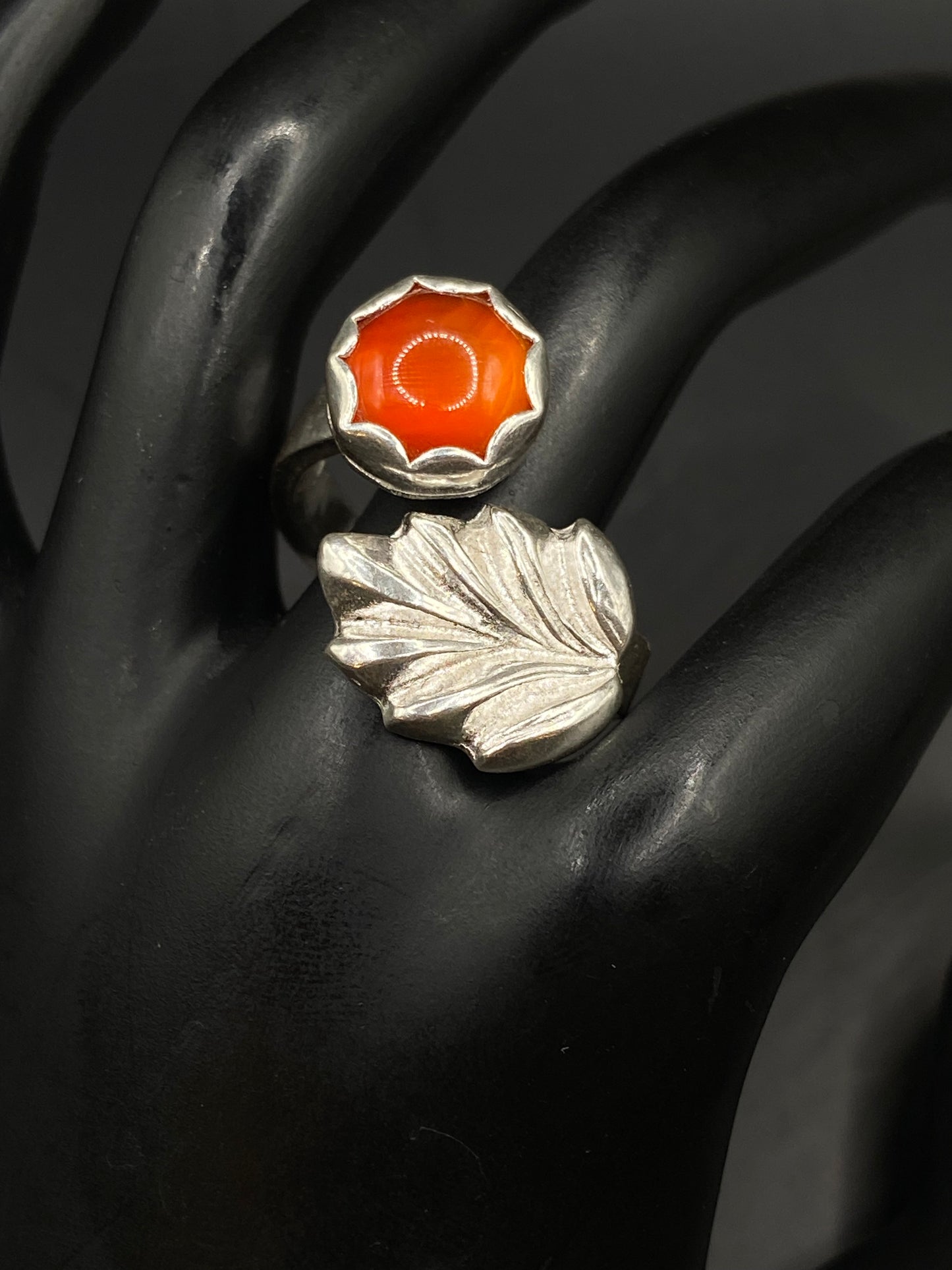 carnelian and leaf silver ring