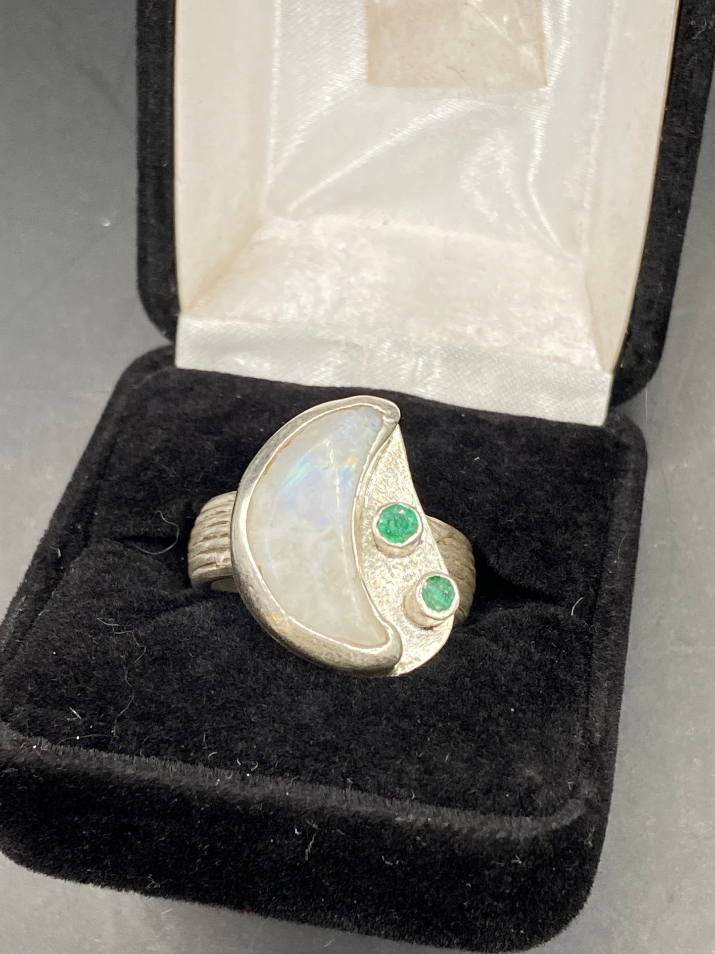 Moonstone and emerald silver ring