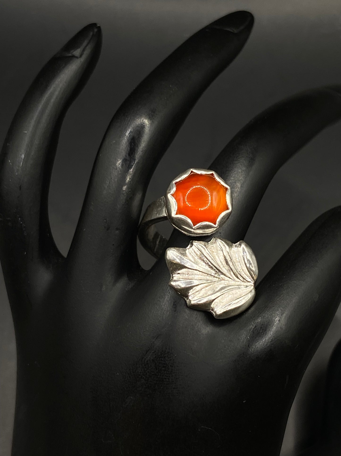 carnelian and leaf silver ring