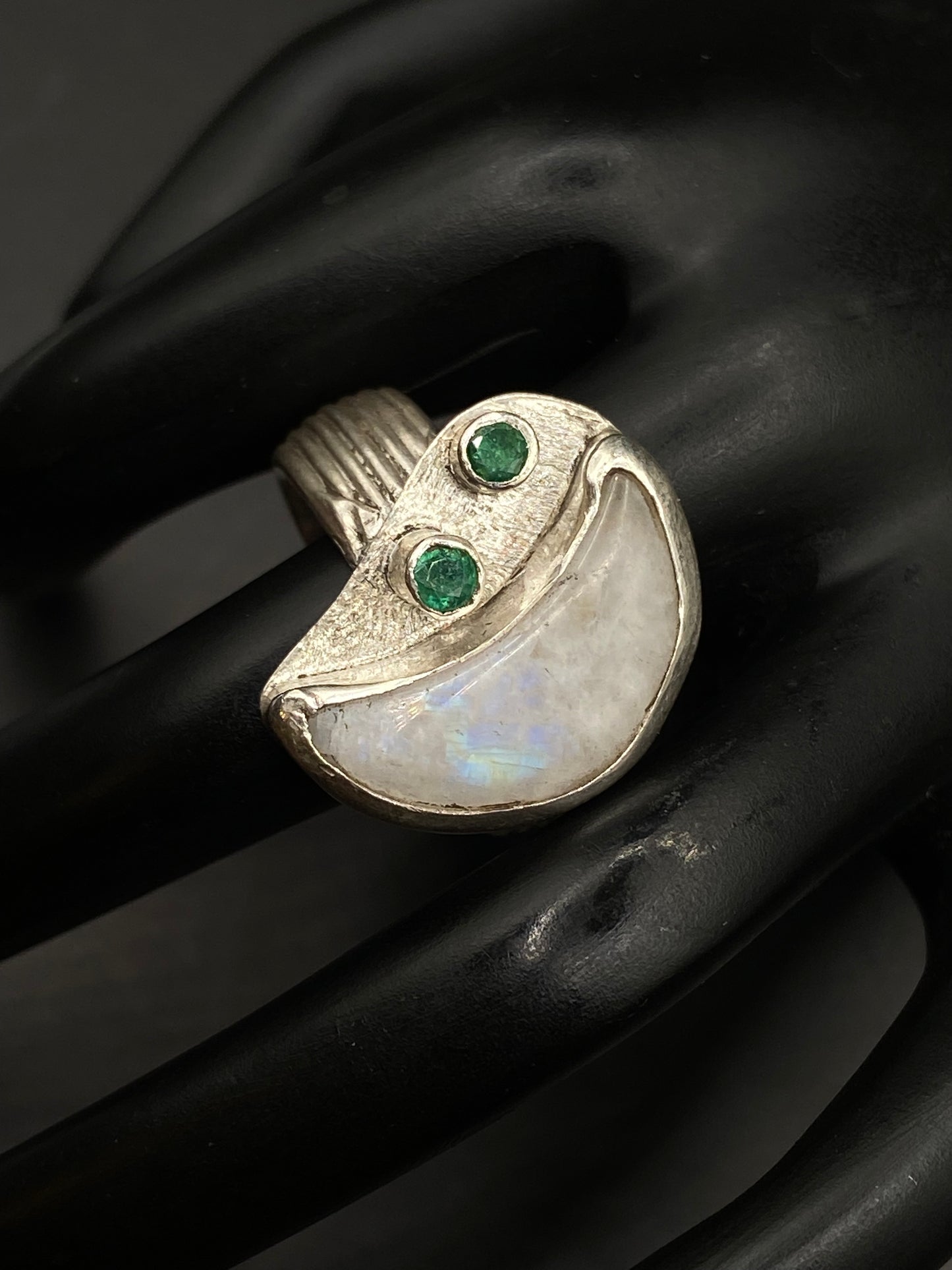 Moonstone and emerald silver ring