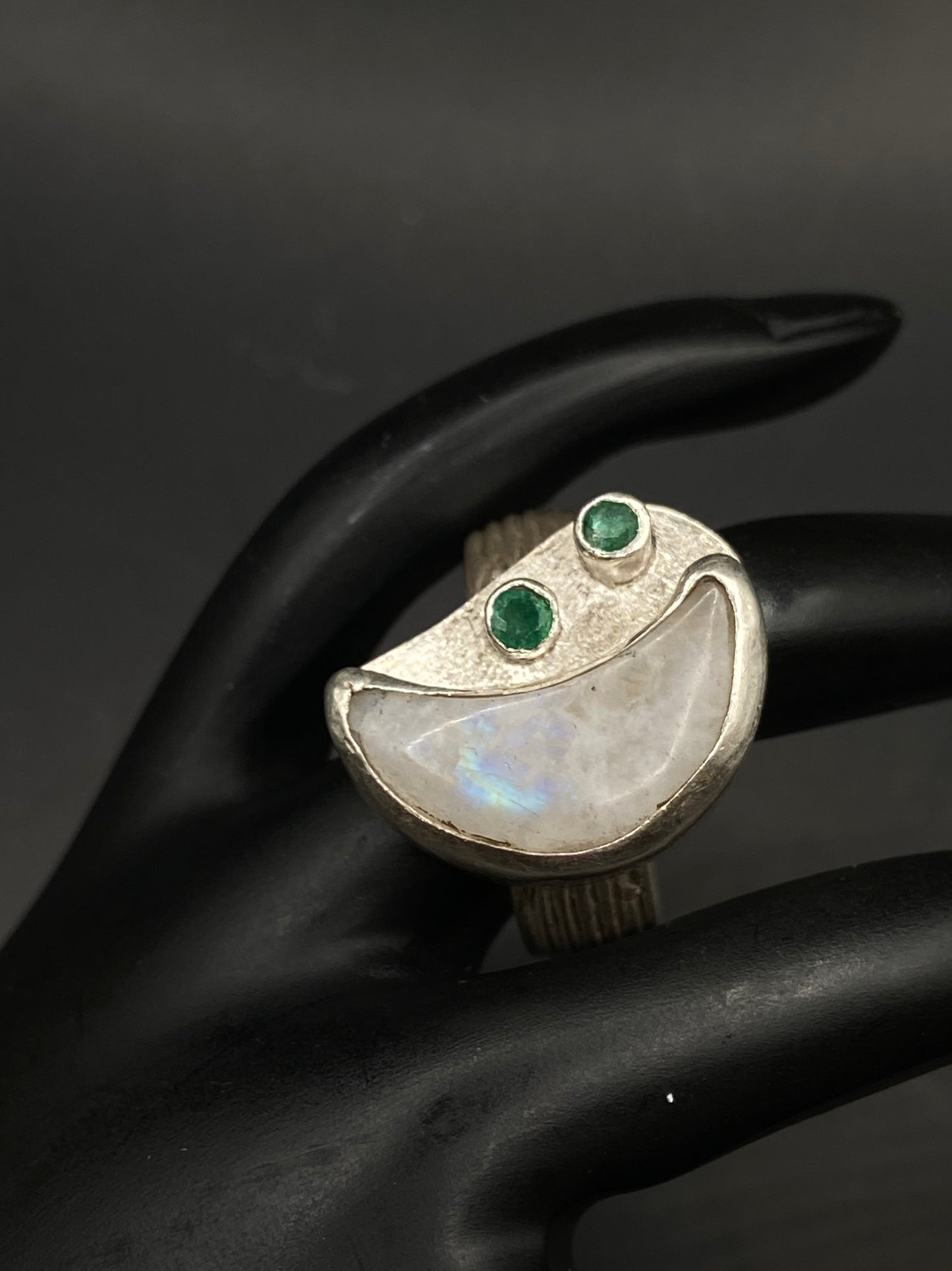 Moonstone and emerald silver ring