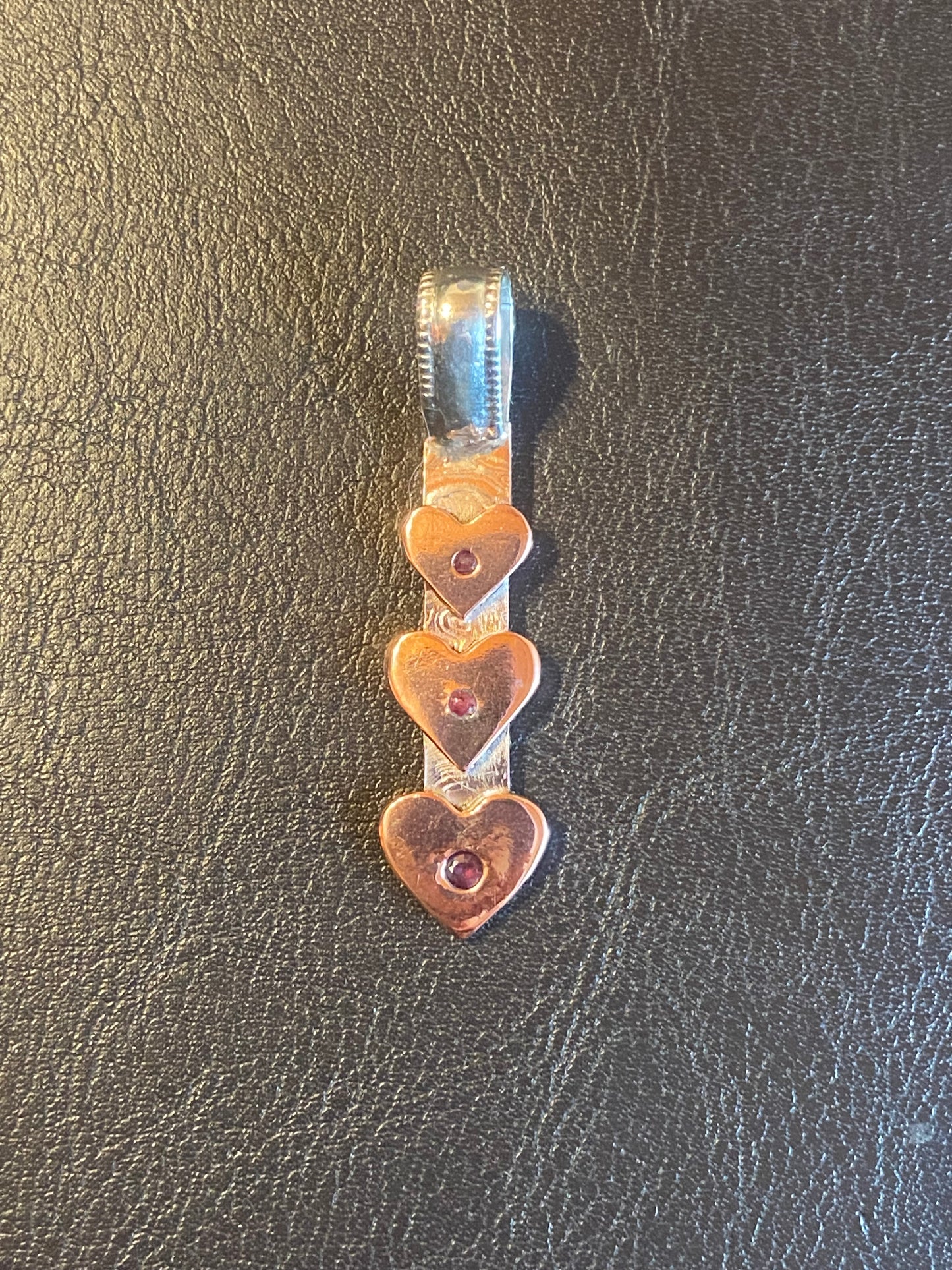 Ruby hearts copper and silver   Mokume-Gane pendant