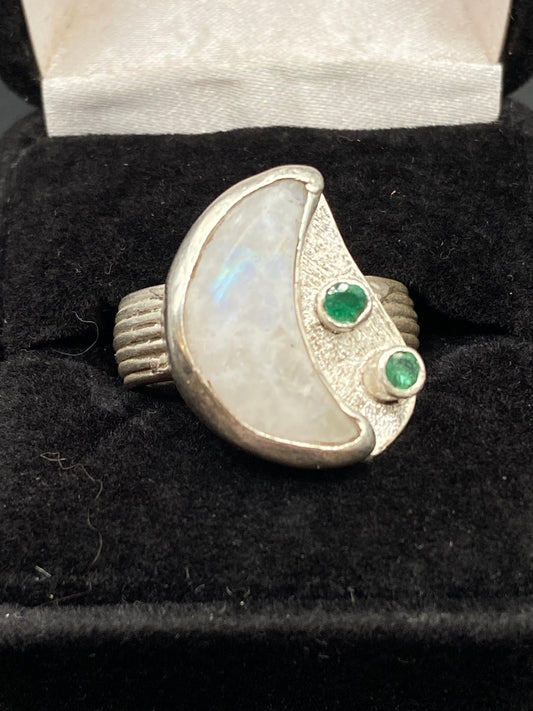 Moonstone and emerald silver ring