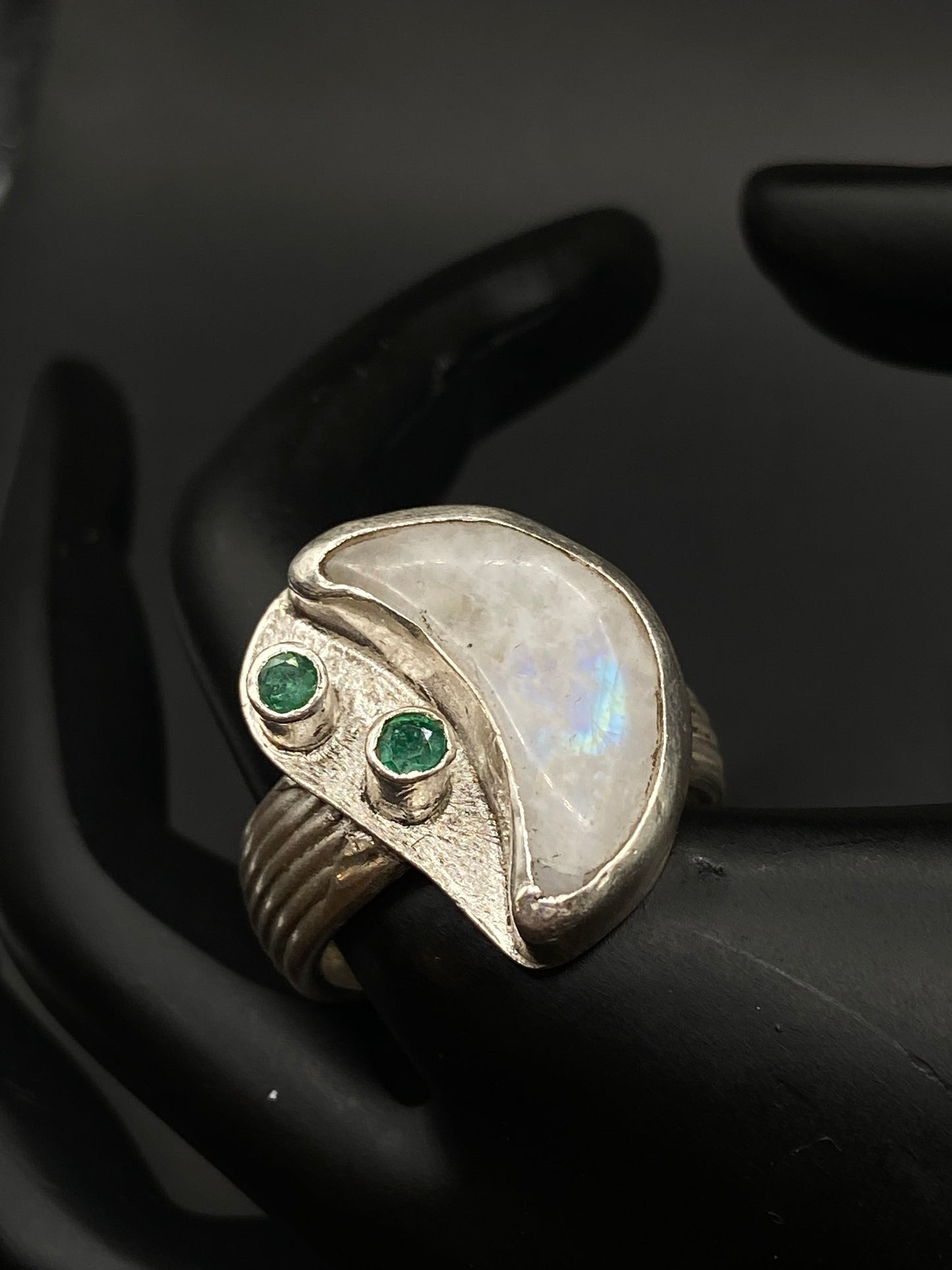 Moonstone and emerald silver ring