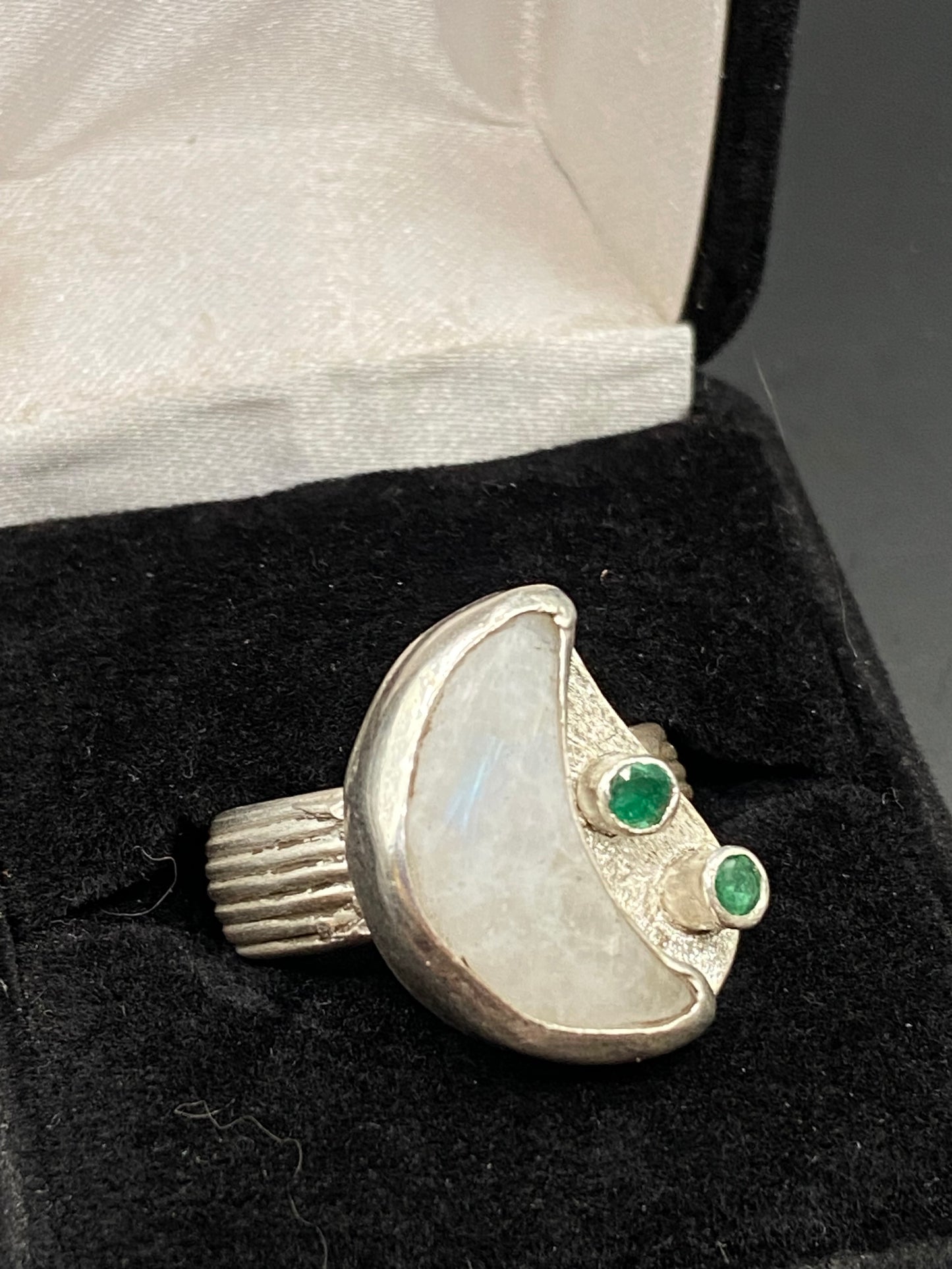 Moonstone and emerald silver ring